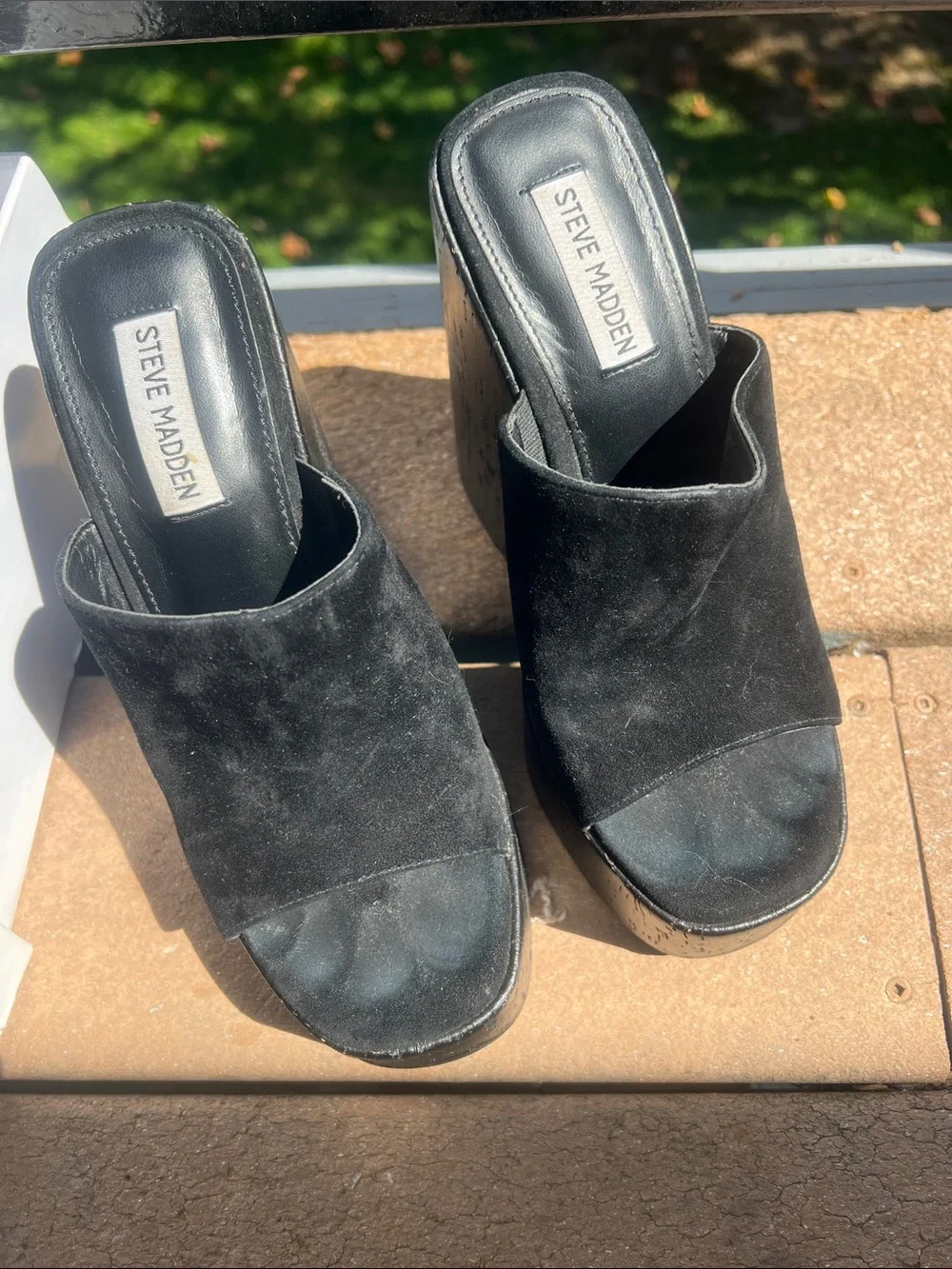 Steve Madden Black Suede Platform Wedge Slides